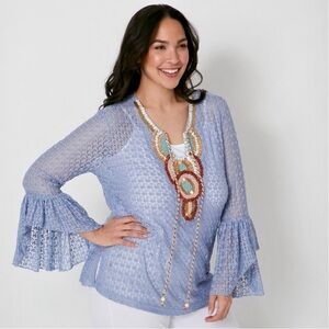 Celestial Blue Peasant Crochet Embroidered 70s Bohemian Bell Sleeves Top XL